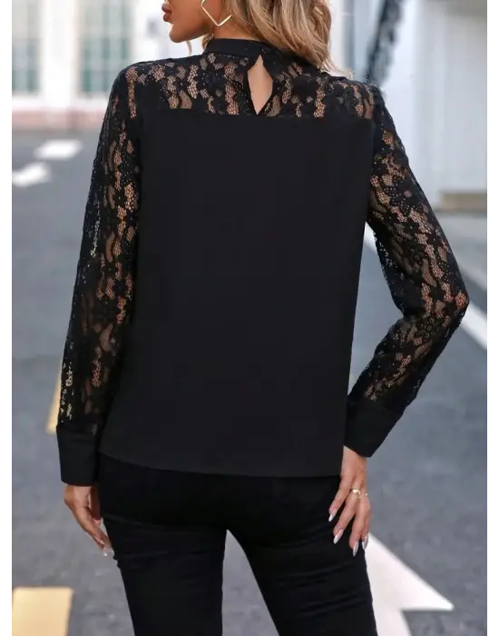 Kadın Uzun Kollu Yarı Balıkçı Yaka Dantelli Sandy Bluz