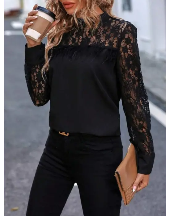 Kadın Uzun Kollu Yarı Balıkçı Yaka Dantelli Sandy Bluz
