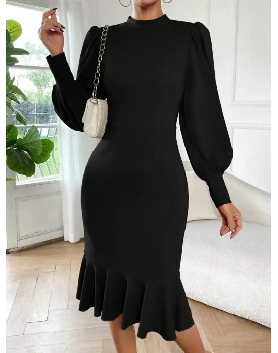 Kadın Uzun Kollu Yarı Balıkçı Yaka Etek Ucu Fırfır Detaylı Midi Ithal Krep Elbise