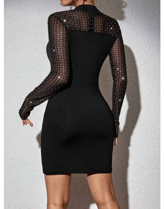 Kadın Uzun Kollu Yarı Balıkçı Yaka ışıltılı Tül Detaylı Kısa Arkadan Fermuarlı Ithal Krep Elbise