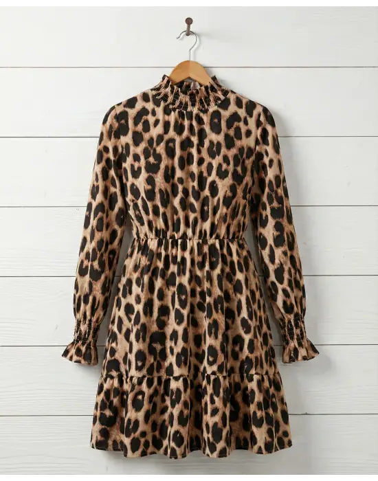 Kadın Uzun Kollu Yarı Balıkçı Yaka Leopar Desenli Modal Mini Elbise