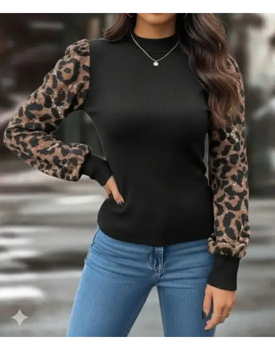 Kadın Uzun Kollu Yarı Balıkçı Yaka Leopar Detaylı Kaşkorse Bluz