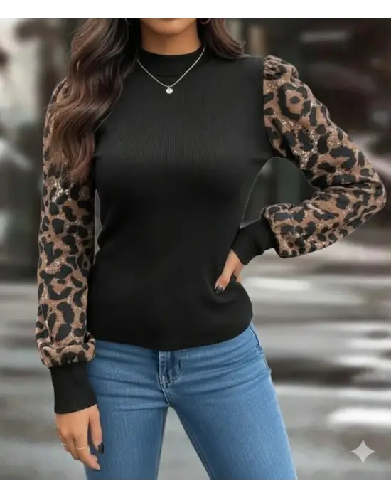 Kadın Uzun Kollu Yarı Balıkçı Yaka Leopar Detaylı Kaşkorse Bluz