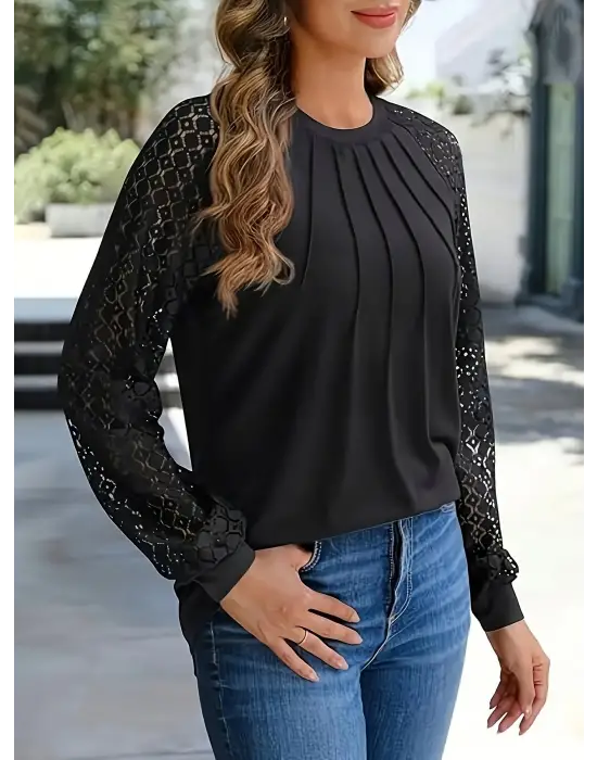 Kadın Uzun Kollu Yarı Balıkçı Yaka önü Nervürlü Viskon Iki Iplik Bluz