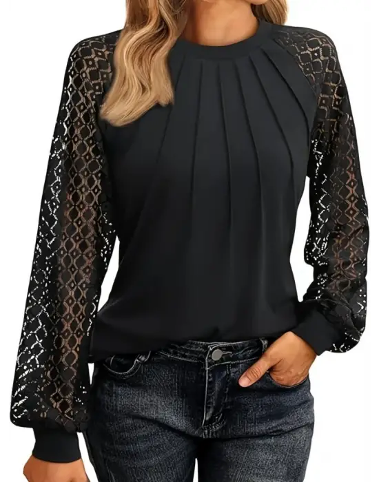 Kadın Uzun Kollu Yarı Balıkçı Yaka önü Nervürlü Viskon Iki Iplik Bluz