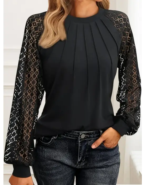 Kadın Uzun Kollu Yarı Balıkçı Yaka önü Nervürlü Viskon Iki Iplik Bluz