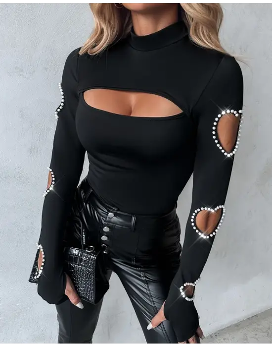 Kadın Uzun Kollu Yarı Balıkçı Yaka Pencere Detaylı Kolları Kalp Desen Taşlı Viskon Bluz