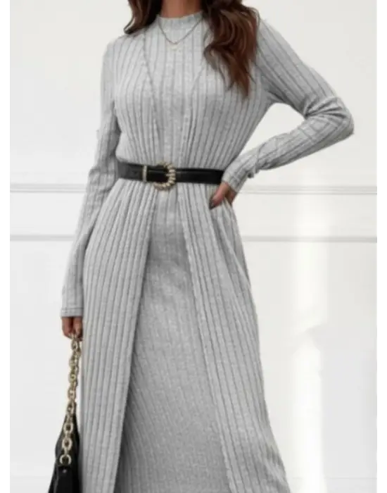 Kadın Uzun Kollu Yarı Balıkçı Yaka şardonlu Kaşkorse Elbise Ve Uzun Hırka Ikili Takım