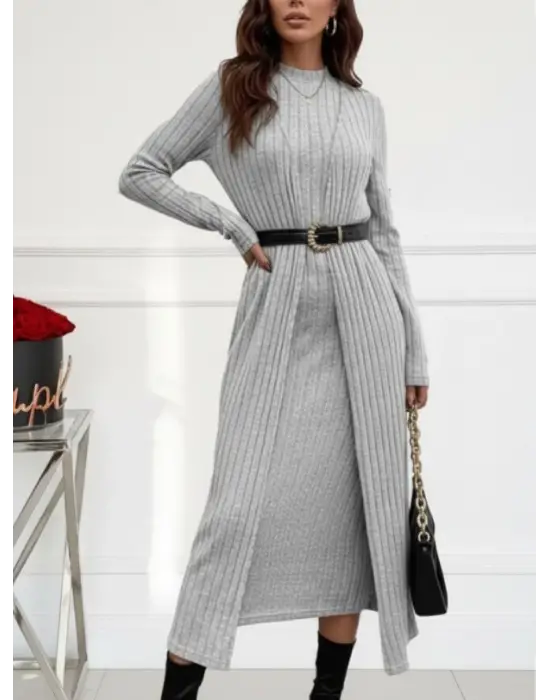 Kadın Uzun Kollu Yarı Balıkçı Yaka şardonlu Kaşkorse Elbise Ve Uzun Hırka Ikili Takım