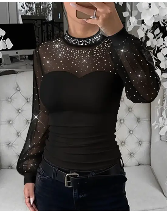 Kadın Uzun Kollu Yarı Balıkçı Yaka Taşlı Sandy Bluz