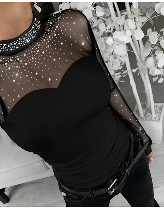 Kadın Uzun Kollu Yarı Balıkçı Yaka Taşlı Sandy Bluz