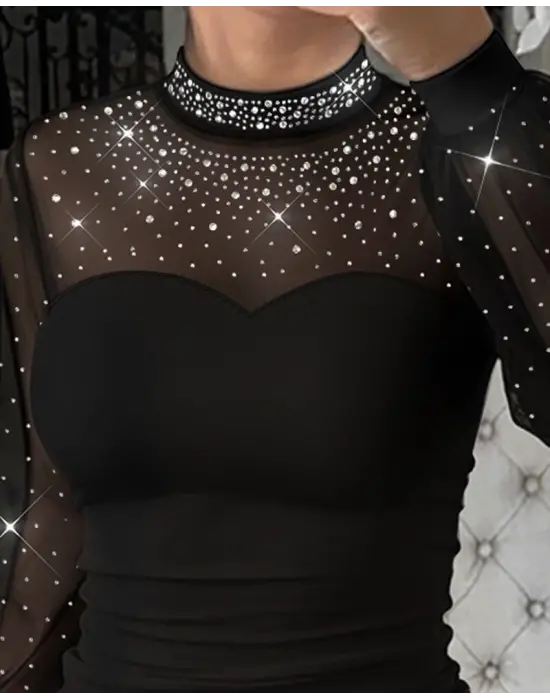 Kadın Uzun Kollu Yarı Balıkçı Yaka Taşlı Sandy Bluz