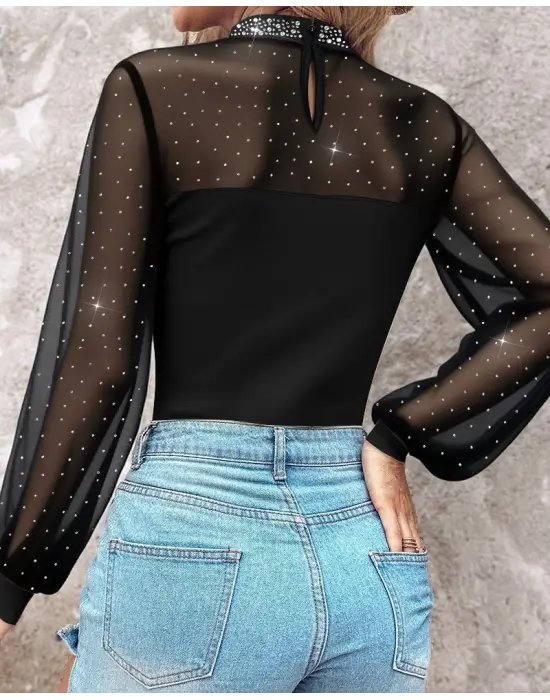 Kadın Uzun Kollu Yarı Balıkçı Yaka Taşlı Sandy Bluz