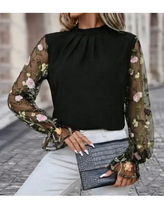 Kadın Uzun Kollu Yarı Balıkçı Yaka Tül Detaylı Ithal Krep Bluz