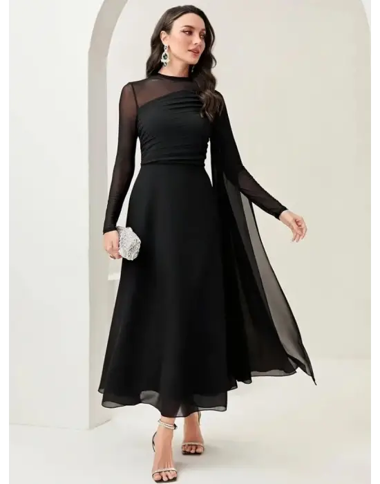 Kadın Uzun Kollu Yarı Balıkçı Yaka Tül Detaylı Uzun Sandy Elbise