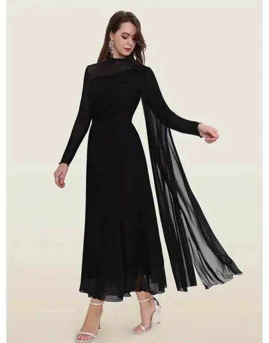 Kadın Uzun Kollu Yarı Balıkçı Yaka Tül Detaylı Uzun Sandy Elbise