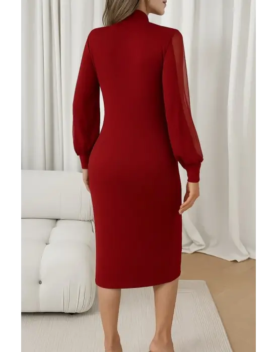 Kadın Uzun Kollu Yarı Balıkçı Yaka Tül Ve Inci Detaylı Kısa Ithal Krep Midi Elbise