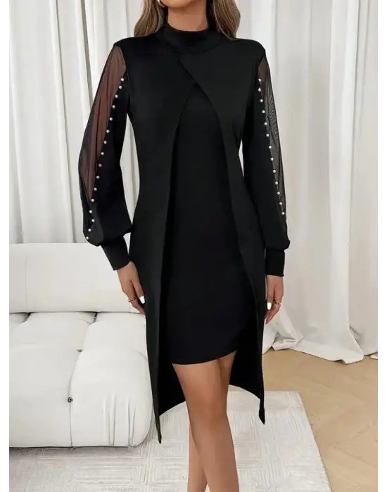 Kadın Uzun Kollu Yarı Balıkçı Yaka Tül Ve Inci Detaylı Kısa Ithal Krep Midi Elbise