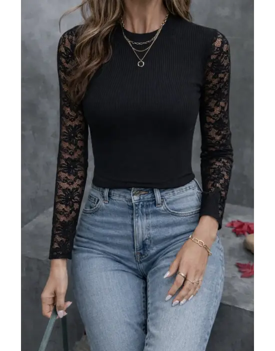 Kadın Uzun Kollu Yarı Balıkçı Yaka Tüllü Kaşkorse Bluz