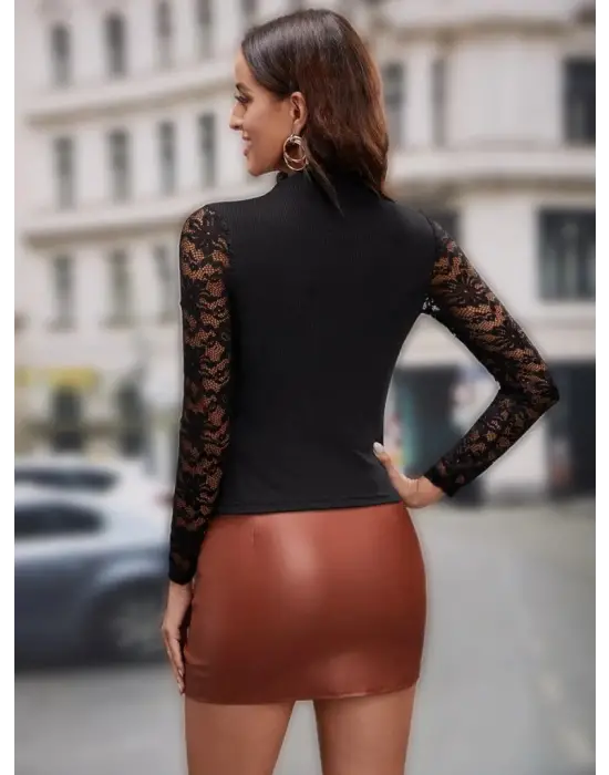 Kadın Uzun Kollu Yarı Balıkçı Yaka Tüllü Kaşkorse Bluz