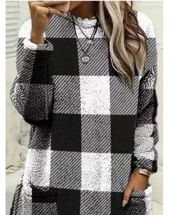 Kadın Uzun Kollu Yarı Balıkçı Yakalı Cep Detaylı Ekoseli Dokuma Tunik