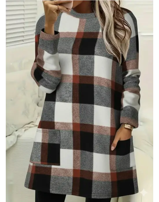 Kadın Uzun Kollu Yarı Balıkçı Yakalı Ekoseli Tunik