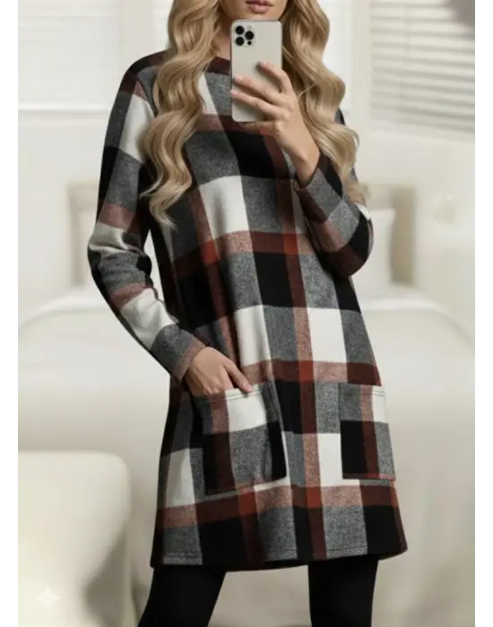 Zarif Yarı Balıkçı Yakalı Ekoseli Tunik