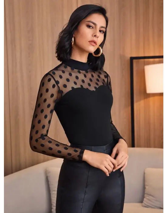 Kadın Uzun Kollu Yarı Balıkçı Yakalı Tül Detaylı Dalgıç Bluz