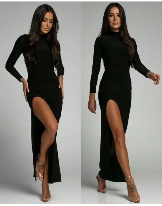 Omarı Derin Yırtmaç Detaylı Krep Elbise