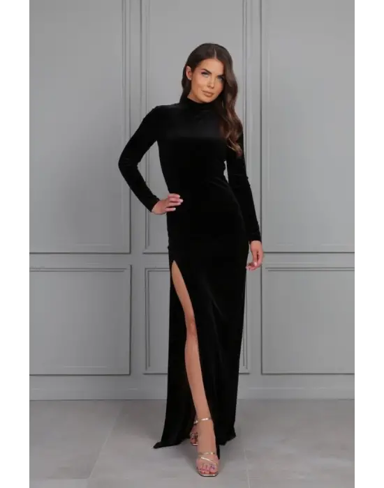 Omarı Derin Yırtmaç Detaylı Krep Elbise