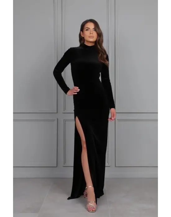 Omarı Derin Yırtmaç Detaylı Krep Elbise