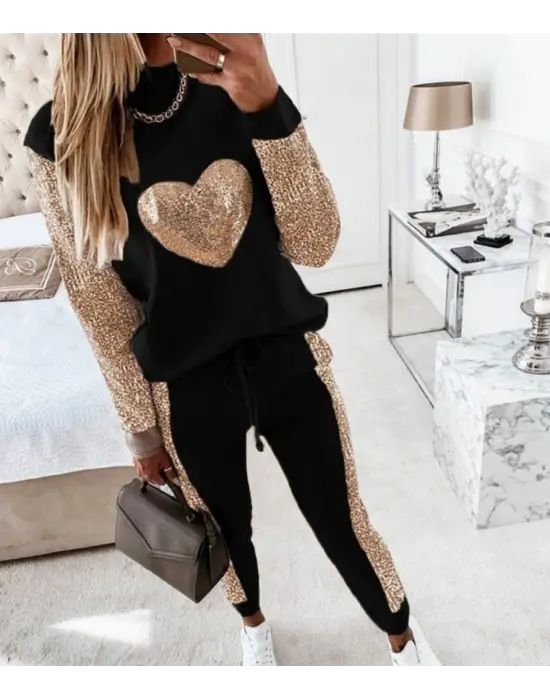 Kadın Uzun Kollu Yarım Balıkçı Yaka Pul Payet Detay Iki Iplik Ikili Takım