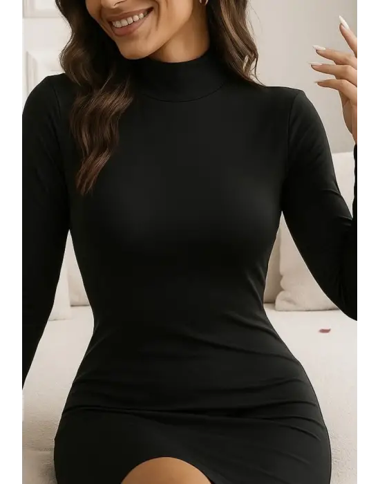 Kadın Uzun Kollu Yarım Balıkçı Yaka Viskon Elbise