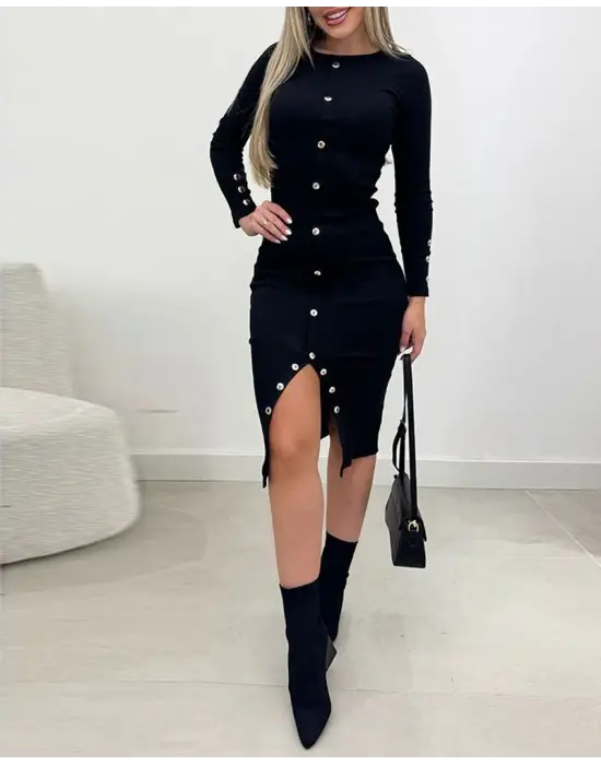 Kadın Uzun Kollu Yırtmaçlı Düğme Detaylı Midi Kaşkorse Elbise