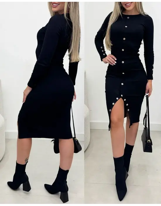 Kadın Uzun Kollu Yırtmaçlı Düğme Detaylı Midi Kaşkorse Elbise