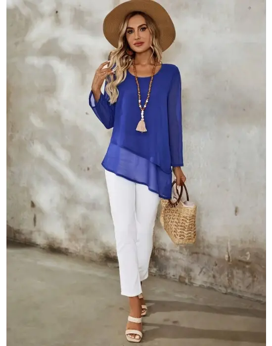 Kadın Uzun Kollu Yuvarlak Asimetrik Detaylı şifon Bluz