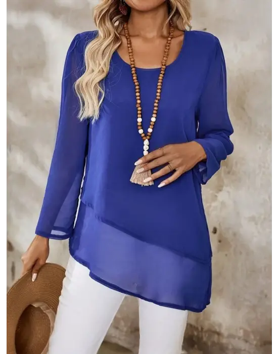 Kadın Uzun Kollu Yuvarlak Asimetrik Detaylı şifon Bluz