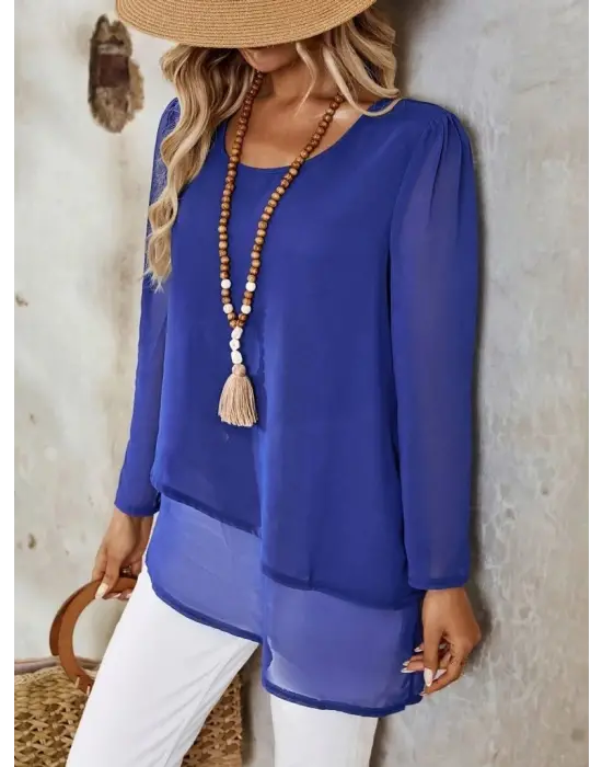 Kadın Uzun Kollu Yuvarlak Asimetrik Detaylı şifon Bluz