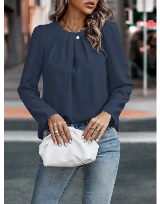 Kadın Uzun Kollu Yuvarlak önden Pileli Ithal Krep Bluz