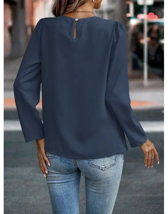 Kadın Uzun Kollu Yuvarlak önden Pileli Ithal Krep Bluz