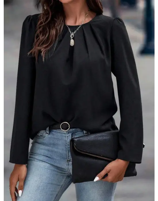 Kadın Uzun Kollu Yuvarlak önden Pileli Ithal Krep Bluz