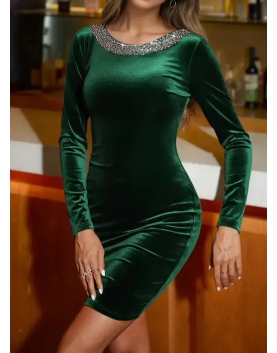 Kadın Uzun Kollu Yuvarlak Pulpayet Yaka Ve Sırt Detaylı Mini Kadife Elbise