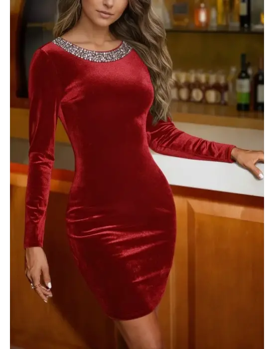 Kadın Uzun Kollu Yuvarlak Pulpayet Yaka Ve Sırt Detaylı Mini Kadife Elbise