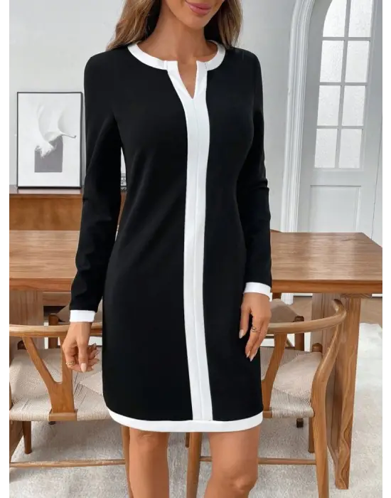 Kadın Uzun Kollu Yuvarlak V Yakalı şerit Detaylı Modal Mini Elbise