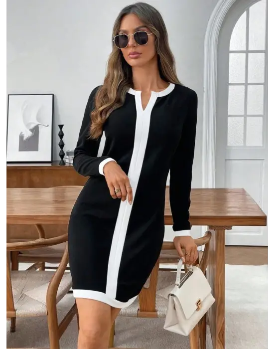 Kadın Uzun Kollu Yuvarlak V Yakalı şerit Detaylı Modal Mini Elbise