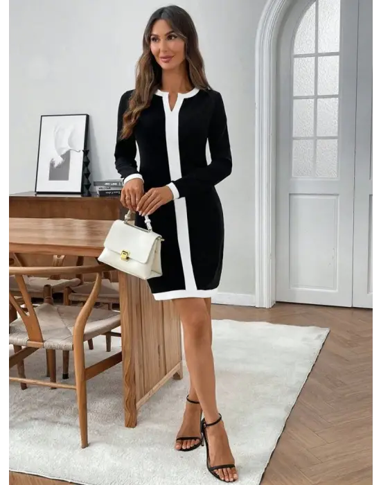 Kadın Uzun Kollu Yuvarlak V Yakalı şerit Detaylı Modal Mini Elbise