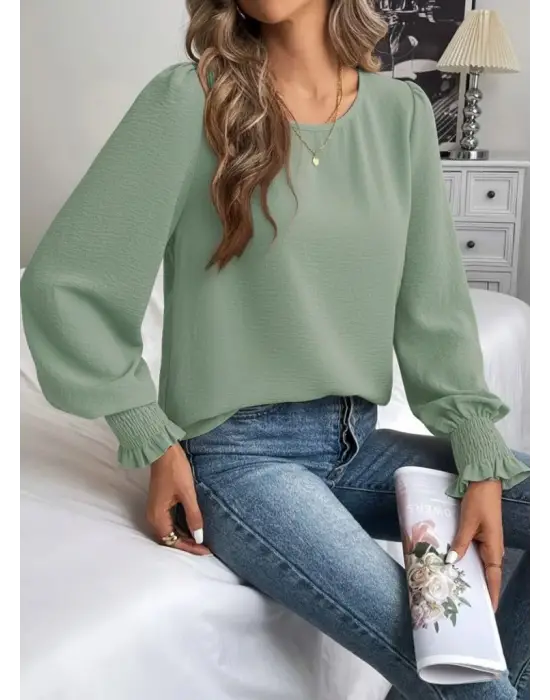 Kadın Uzun Kollu Yuvarlak Yaka Aerobin Bluz