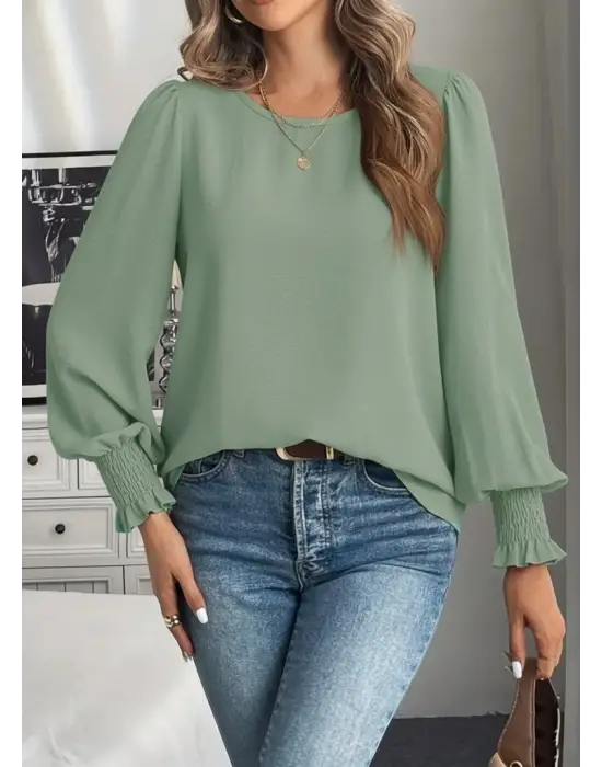 Kadın Uzun Kollu Yuvarlak Yaka Aerobin Bluz