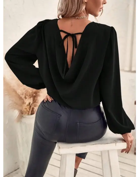 Kadın Uzun Kollu Yuvarlak Yaka Arkadan Bağcıklı Salaş Ithal Krep Bluz