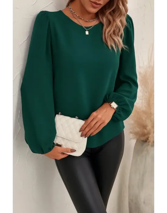 Kadın Uzun Kollu Yuvarlak Yaka Arkadan Bağcıklı Salaş Ithal Krep Bluz